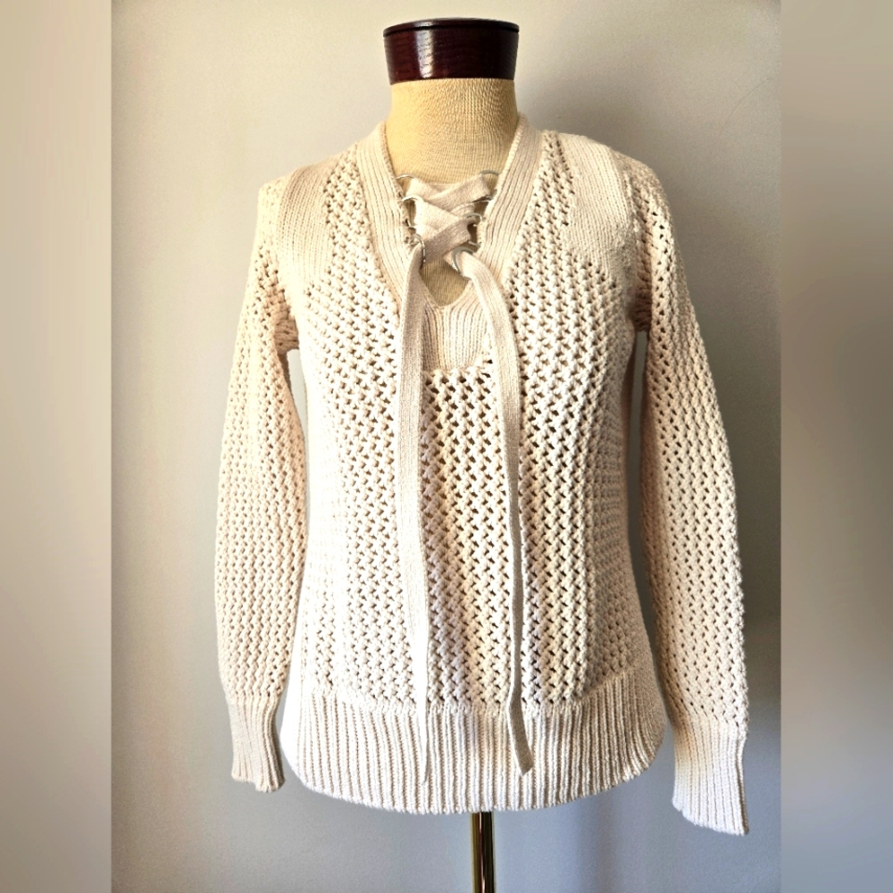 DEREK LAM 10 CROSBY Cream Lace-Up Knit Sweater. Soze XS